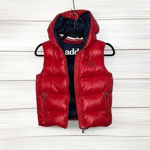 ADD Red Down Hooded Puff Vest Zip Front Pockets Logo Boys size 10Y